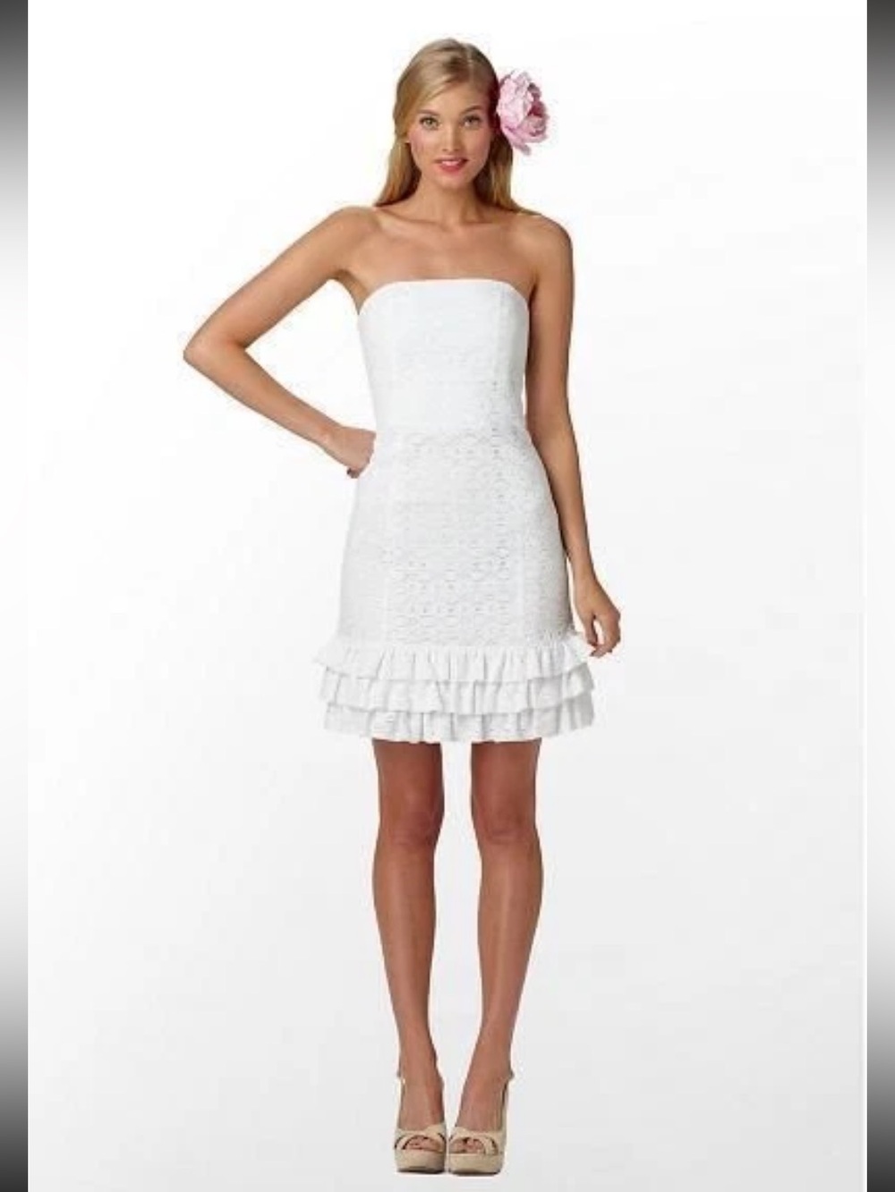 Lilly Pulitzer Franco Lace White Petal Pusher Ruffle Tie Back Strapless Dress